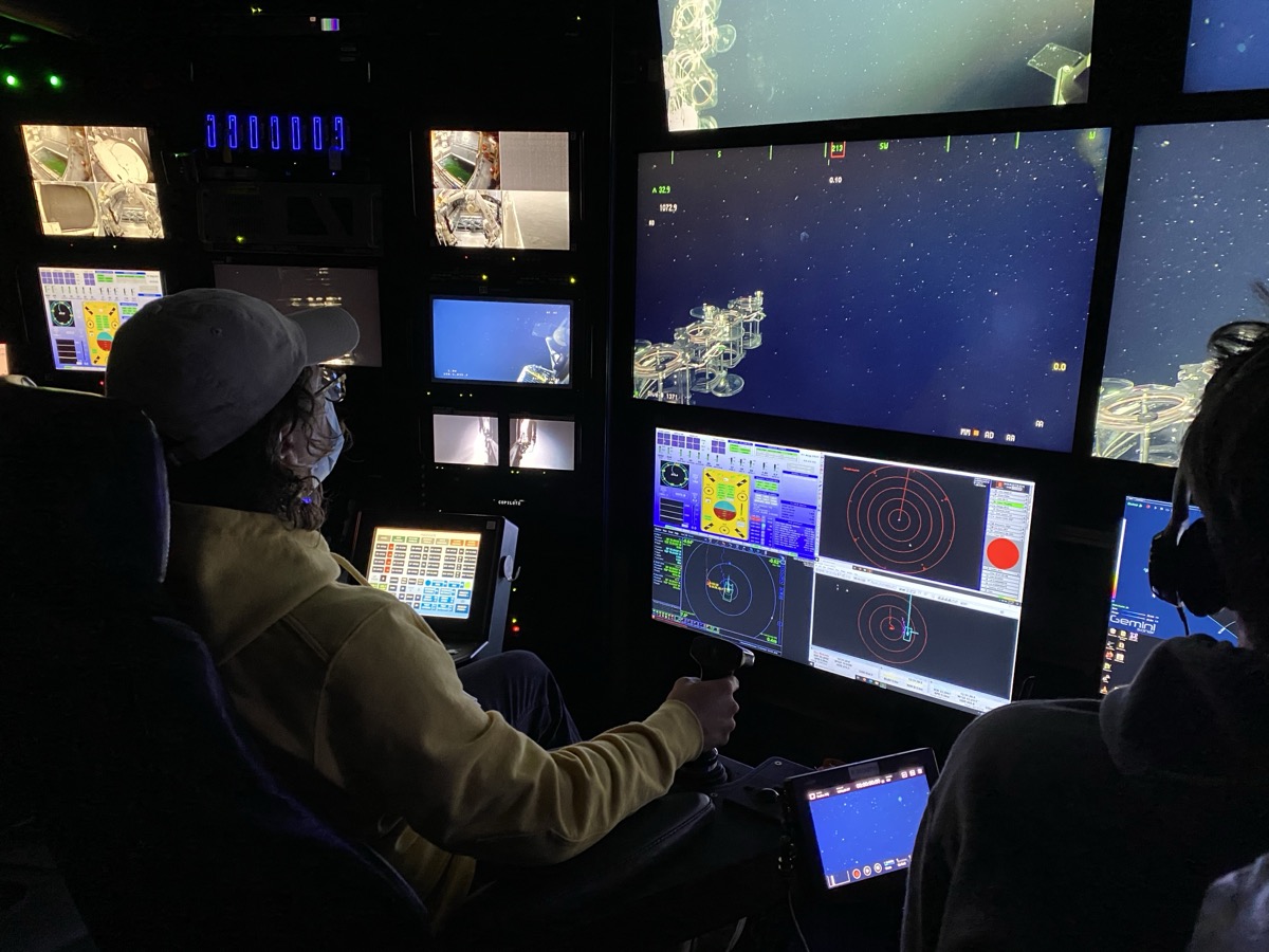 Piloting an ROV dive from the control room aboard a research vessel