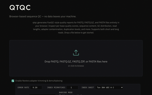 The qtqc landing page, showing the file drop area and adapter-trimming options.